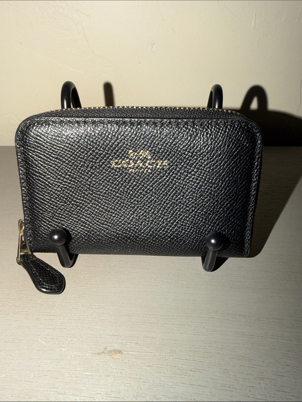 Coach Black Textured Leather Zip Wallet with Gold Logo